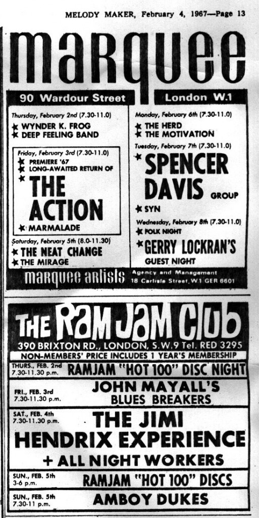 The All Night Workers support Jimi Hendrix at the Ram Jam Club, Melody Maker advert, 4 February, 1967