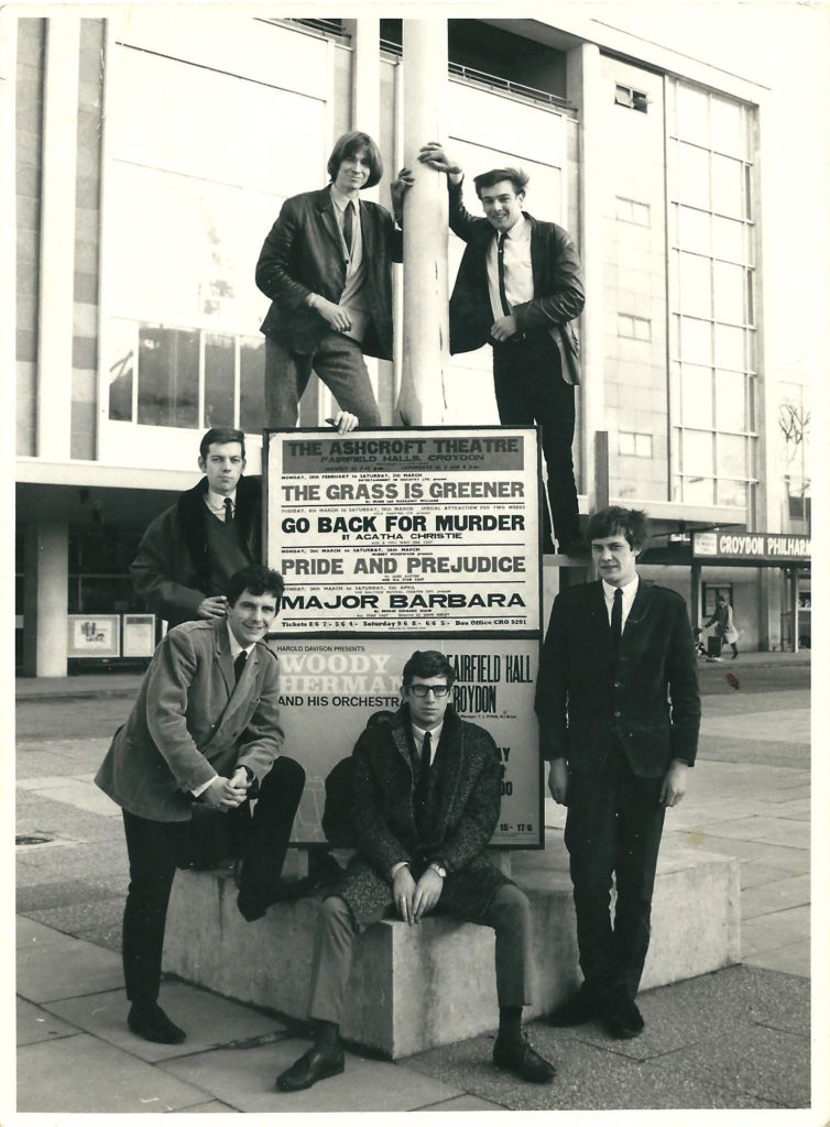The Boardwalkers in Croydon, March 1966. Clockwise from top left: Bruce Usherwood, Jon White, Rob Walker, Peter Mole, Warren Davis (aka Max Spinks) and Martin Grice. Photo: Bruce Usherwood