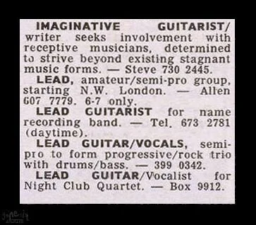 Genesis advert - Melody Maker, 12 December 1970, Steve Hackett audition (credit: decibelreport.com)