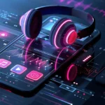 A phone with purple headphones