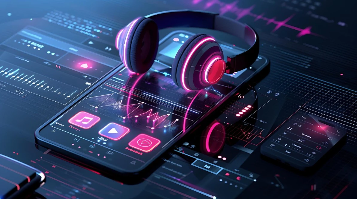 A phone with purple headphones