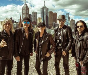 Scorpions in Melbourne, Australia, in 2016 during the 50th Anniversary World Tour: (from left to right) Mikkey Dee, Matthias Jabs, Klaus Meine, Rudolf Schenker and Paweł Mąciwoda. Credit: Ian Robert Laidlaw. Used under Creative Commons license - Wikipedia Commons.
