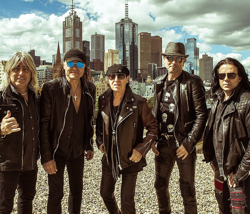 Scorpions in Melbourne, Australia, in 2016 during the 50th Anniversary World Tour: (from left to right) Mikkey Dee, Matthias Jabs, Klaus Meine, Rudolf Schenker and Paweł Mąciwoda. Credit: Ian Robert Laidlaw. Used under Creative Commons license - Wikipedia Commons.