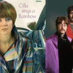 Cilla sings a Rainbow and The Beatles in a promotional photo for "All You Need Is Love" in 1967 (both public domain)
