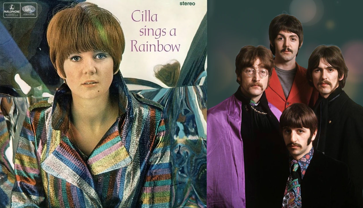 Cilla sings a Rainbow and The Beatles in a promotional photo for "All You Need Is Love" in 1967 (both public domain)