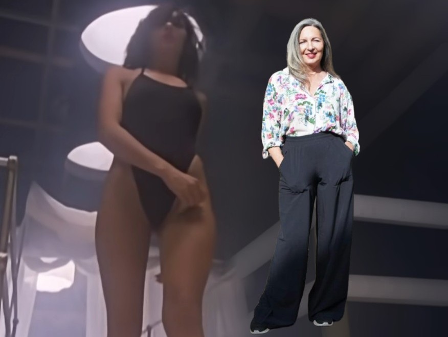Screenshot of Beverley Downie in Girls on Film video (used under Fair Use) and Beverley Downie today (from Beverley)